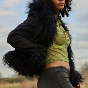 Urban Outfitters Y2K Faux Fur Trim Jacket in Black